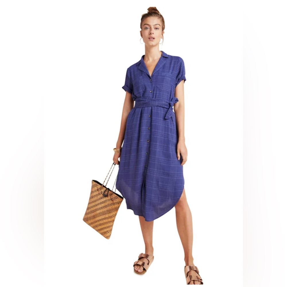 Anthropologie Maeve Blue Aria Plaid Textured Midi Dress Shirtdress Chic
Xsmall